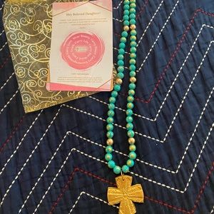 Turquoise Bead Necklace with Gold Cross Pendant